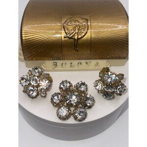 Vintage Made In Austria Gold-Toned Filigree Glass Brooch & Clip-On Earrings Set